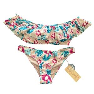 Cabana Del Sol tropical floral off shoulder scrunch butt bikini NWT size medium